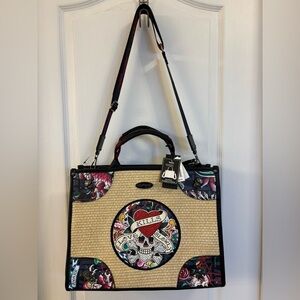 NWT Ed Hardy Large Skull Design Tote in Tan & Black